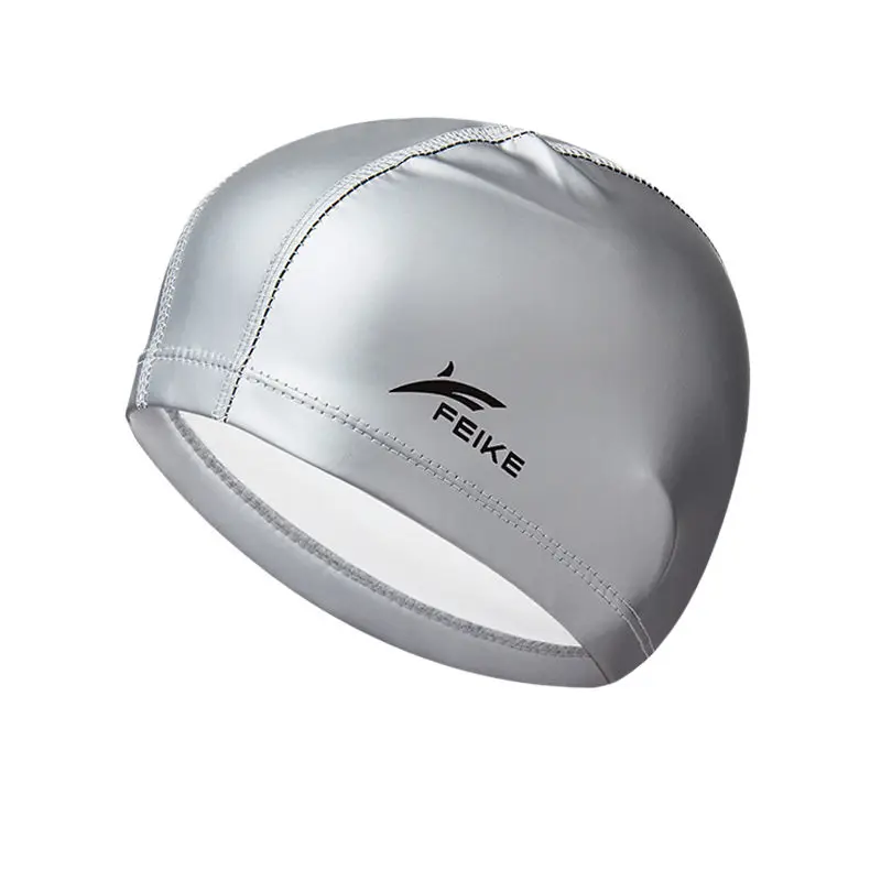 Men Women Adults Free Size Elastic Waterproof PU Fabric Swim Cap Long Hair Ears Protection Hat Sports Swim Pool Hat Swimming Cap - Цвет: Silver