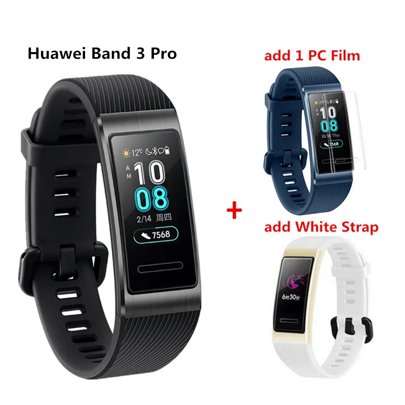 black add white Смарт-браслет huawei Band 3 Pro с gps, металлический Amoled, Полноцветный Сенсорный экран 0,95 дюйма, датчик сердечного ритма, браслет для плавания и сна - Цвет: black add white
