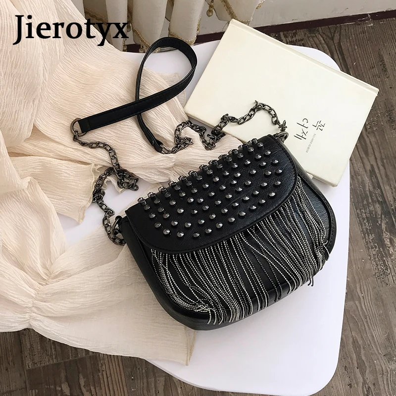 JIEROTYX, дизайн, женские сумки, кожа, бриллианты, сумки на плечо, сексуальные, заклепки, сумка на плечо, женская, маленькая, черная, с кисточками, цепи