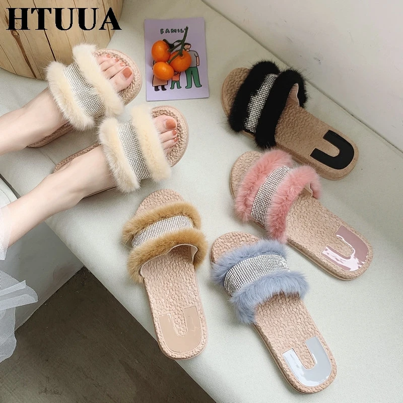 HTUUA/2019 г. летние женские шлепанцы ярких цветов со стразами пушистый меховой плед