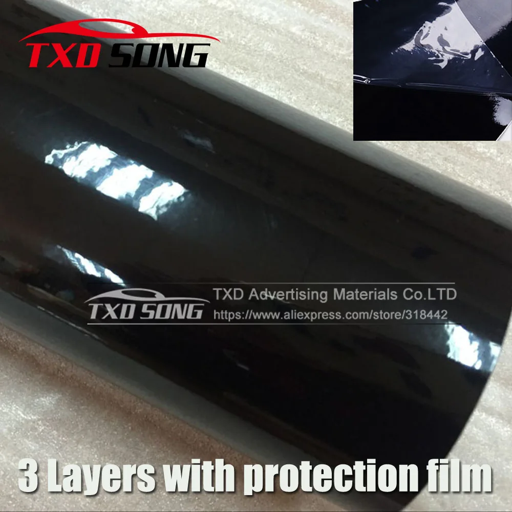 

3 layers Black Bright Glossy Black Vinyl Car Decal Wrap Sticker Black Gloss Film Wrap Retail For HOOD Roof Motorcycle Scooter