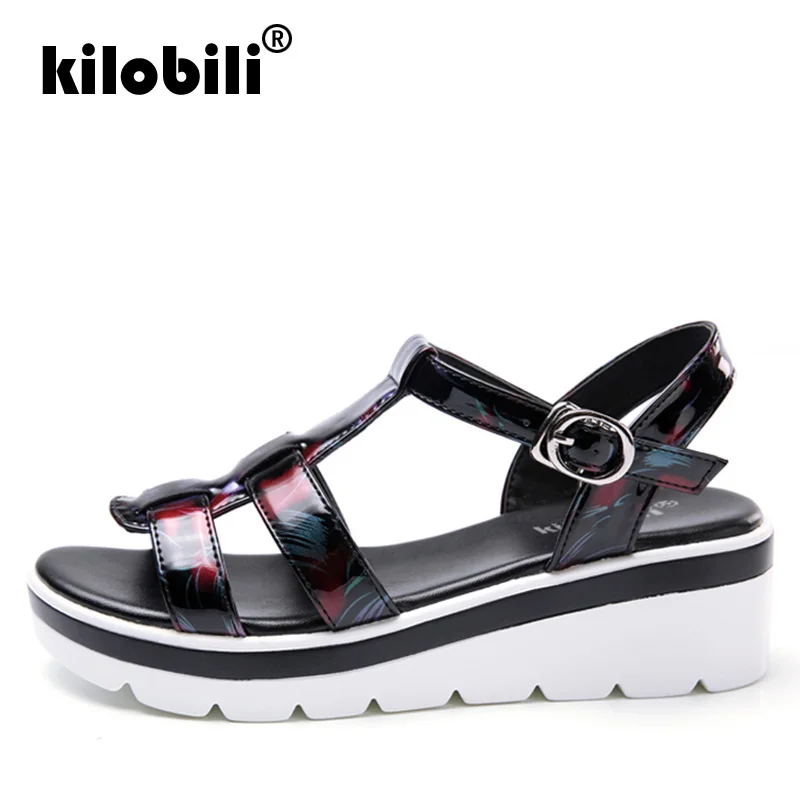 Kilobili/2019 г. летние женские босоножки черные сандалии на плоской платформе пляжные