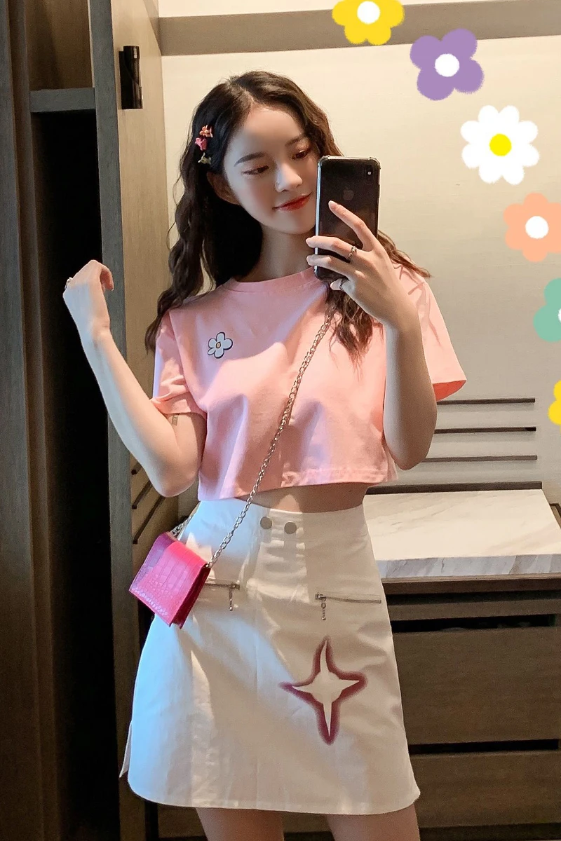 Розовые комплекты Новинка лета 2019 футболка с короткими рукавами для девочек юбка