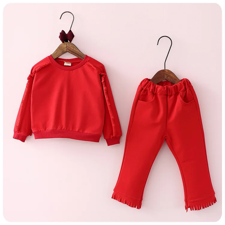 Autumn 16 Korean Girl Children's Garment 2 Pieces Set Girl Baby Fungus Edge Solid Color Sweater Jacket Long Pants Leisure Time