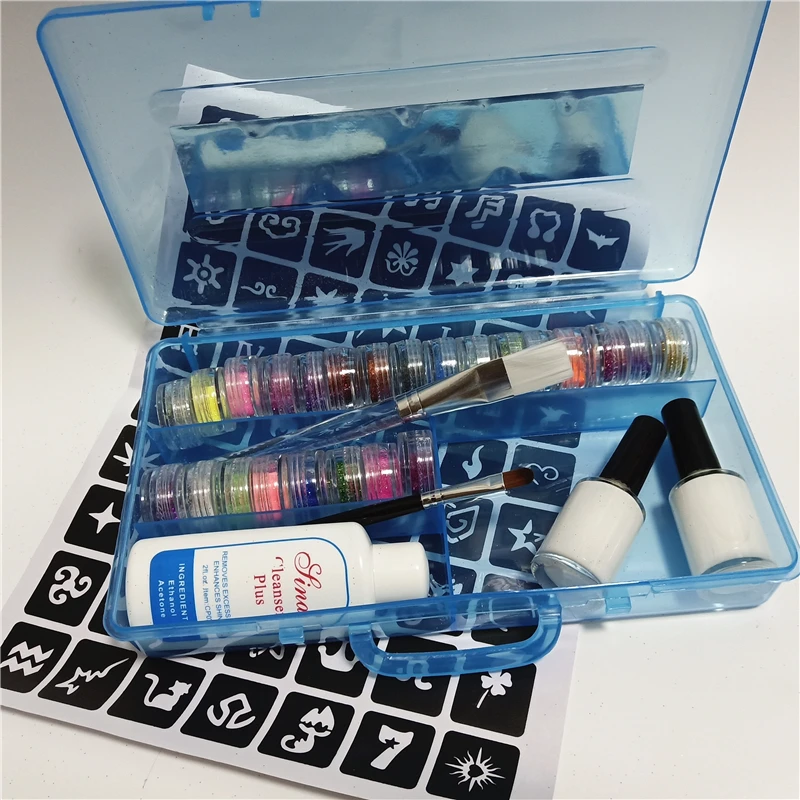 

24 Color Powder Glitter Shinning 2 Glues 2 Brushes 1 Hollow Templat 1 Cleansing Water For Temporary Tattoo Diy Nail Kid Face Art