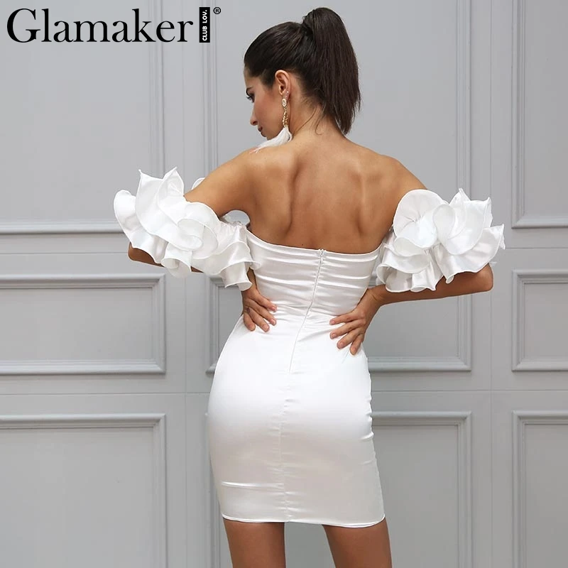 Женское платье с открытыми плечами Glamaker Белое Облегающее оборками элегантное