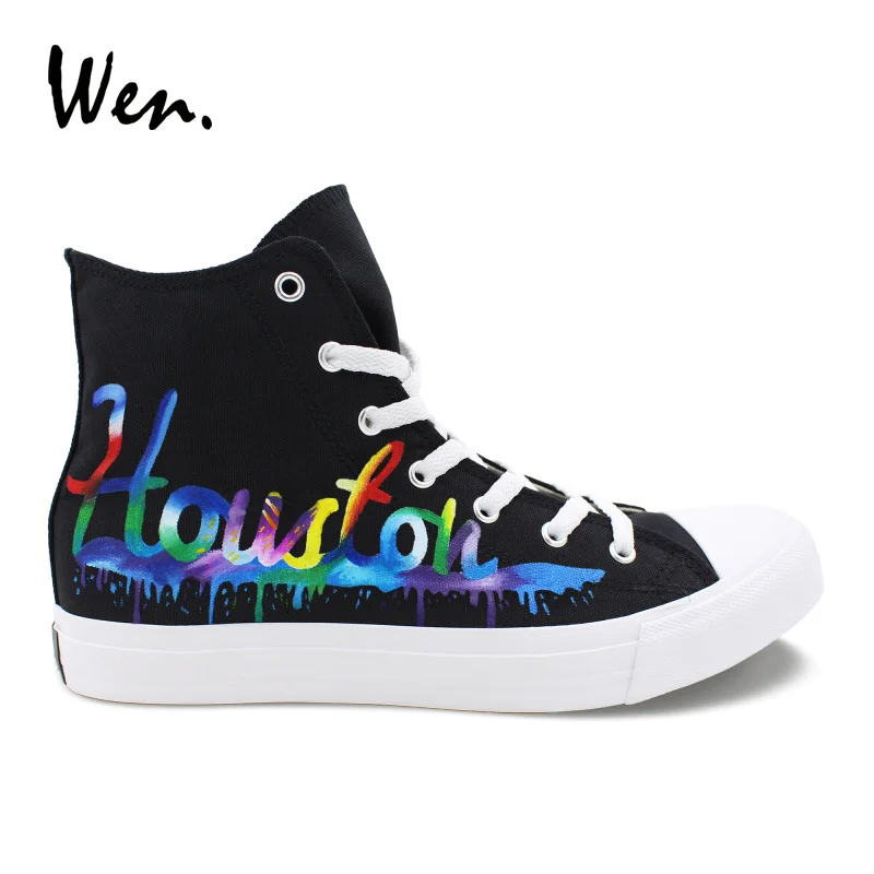 

Wen Hand Painted Shoes Houston City Skyline Custom Design Graffiti Canvas Sneakers Black High Tops Lacing Plimsolls Flat Bottom