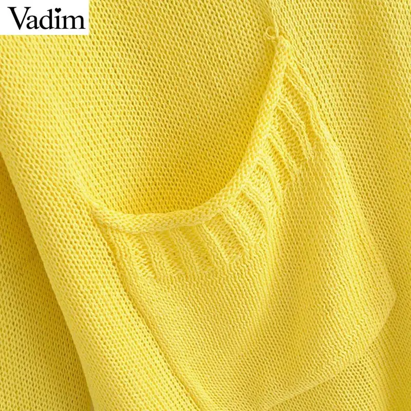Vadim women yellow oversized knitted cardigans pockets see through long sleeve buttons sweaters ladies basic loose tops HA039 |