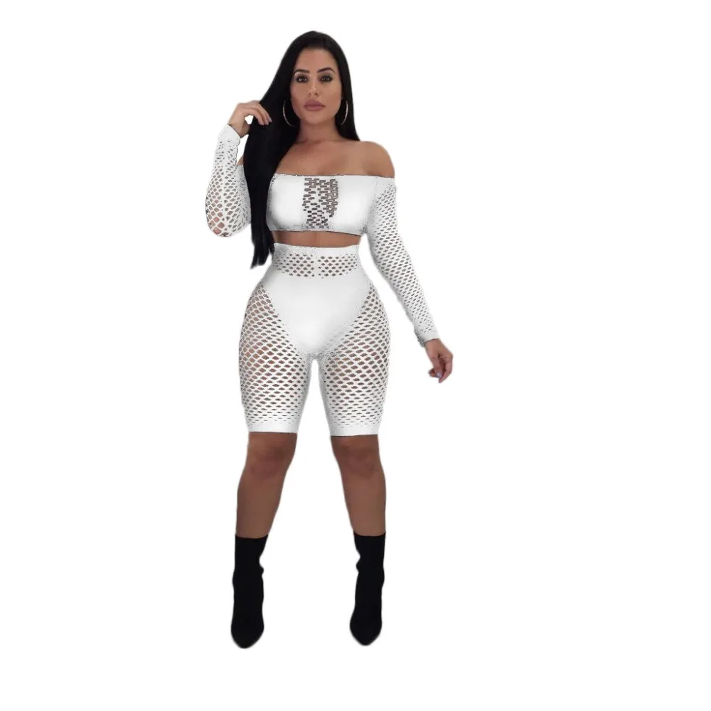 BKLD Women Outfits 2021 Mesh Set Off The Shoulder Top Knee Length Pants Sexy Fishnet Crop Tops S-3XL Plus Size Bodycon Two Piece |