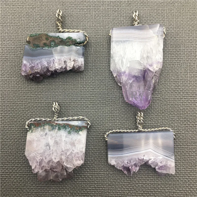 Произвольной формы друза аметиста ломтик обмотки жемчужное ожерелье с