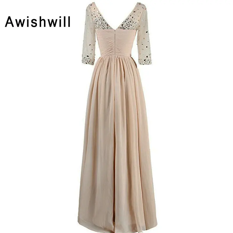New Arrival 2020 Long Evening Dress With 3/4 Sleeves V-neck Beadings Chiffon Banquet Mother of The Bride Dresses Robe De Soiree | Свадьбы и