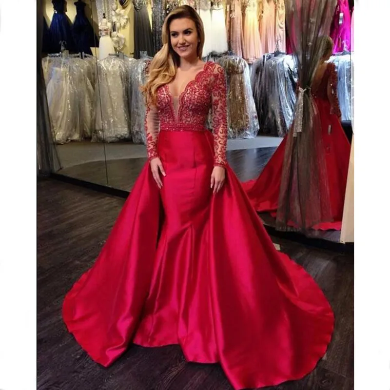 Женское вечернее платье с юбкой годе красное кружевное длинным рукавом со