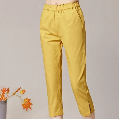 yellow Однотонные Капри для женщин Летние повседневные шаровары Женская одежда размера плюс тонкие брюки с эластичным поясом - Цвет: yellow