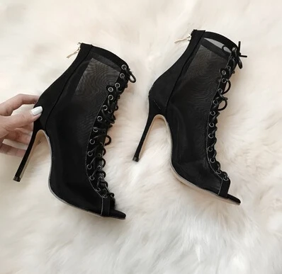 Ботильоны женские сетчатые с открытым носком пикантные ботинки на шнуровке