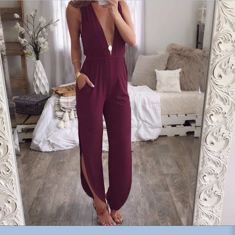 

2019 Summer Womens Sleeveless Vest Deep V-Neck Lace Up Backless Sexy Split Sholid Color Jumpsuit Clubwear Party Jumpsuit