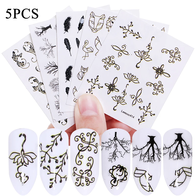 set 9 5pcs 1 Набор, смешанный дизайн, набор наклеек для ногтей, Черное кружево, золотой, серебряный блеск, цветок, водная наклейка, слайдер, обертывания, украшения для ногтей - Цвет: set 9 5pcs
