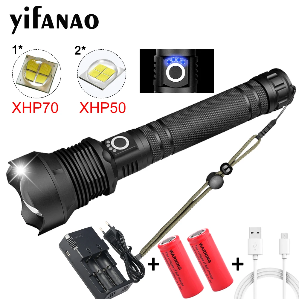 Мощный светодиодный фонарик XHP70 XHP70.2 XHP50, Перезаряжаемый USB фонарь с зумом, 18650, 26650, Охотничья лампа для самообороны, низкая мощность, дисплей