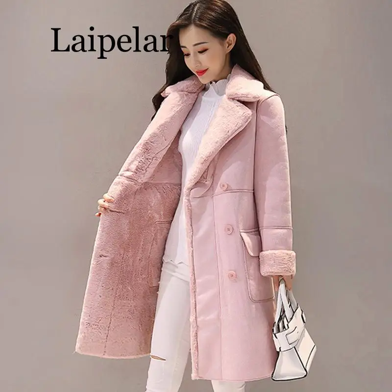 Женское замшевое пальто с мехом Толстая теплая длинная куртка из искусственной