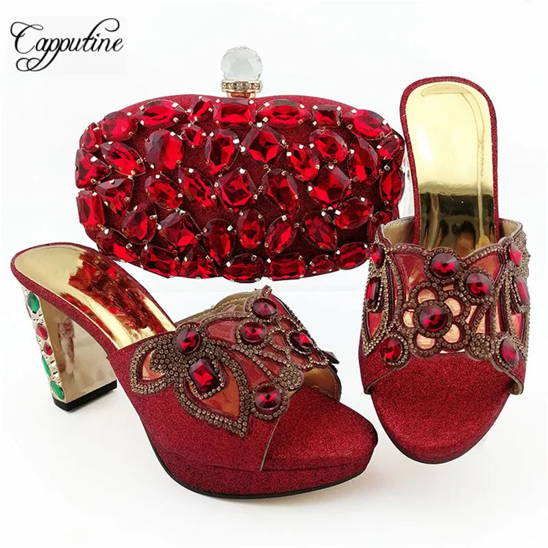 

New Style Elegant Red Color Shoes With Matching Bag Set African High Heel Women Shoes And Bags Set For Wedding Dress SL007
