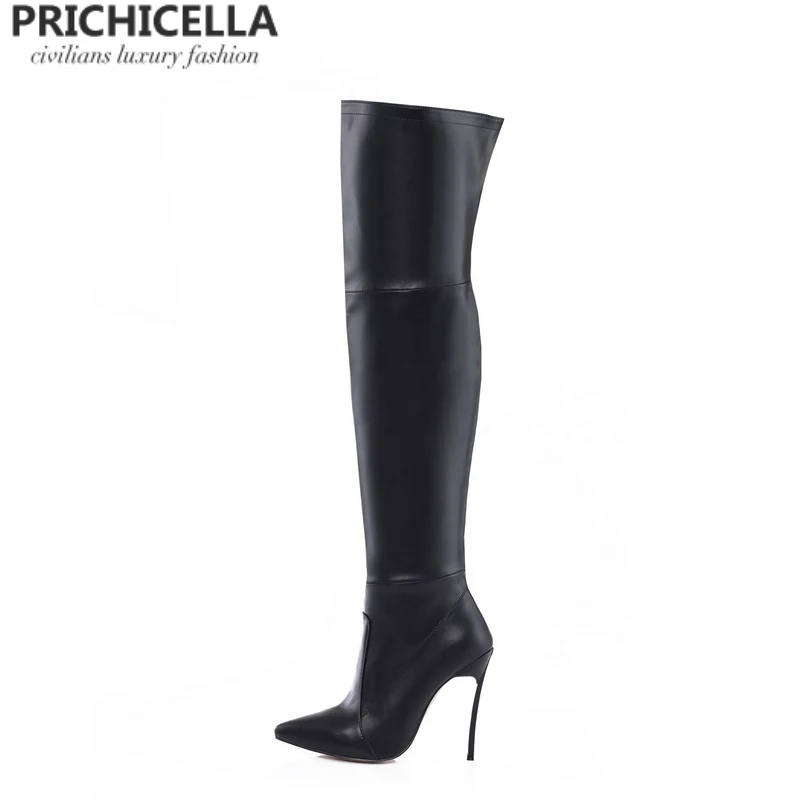 PRICHICELLA/коричневые женские облегающие высокие сапоги из натуральной кожи на Железном каблуке; высокая обувь в гладиаторском стиле; size34-42