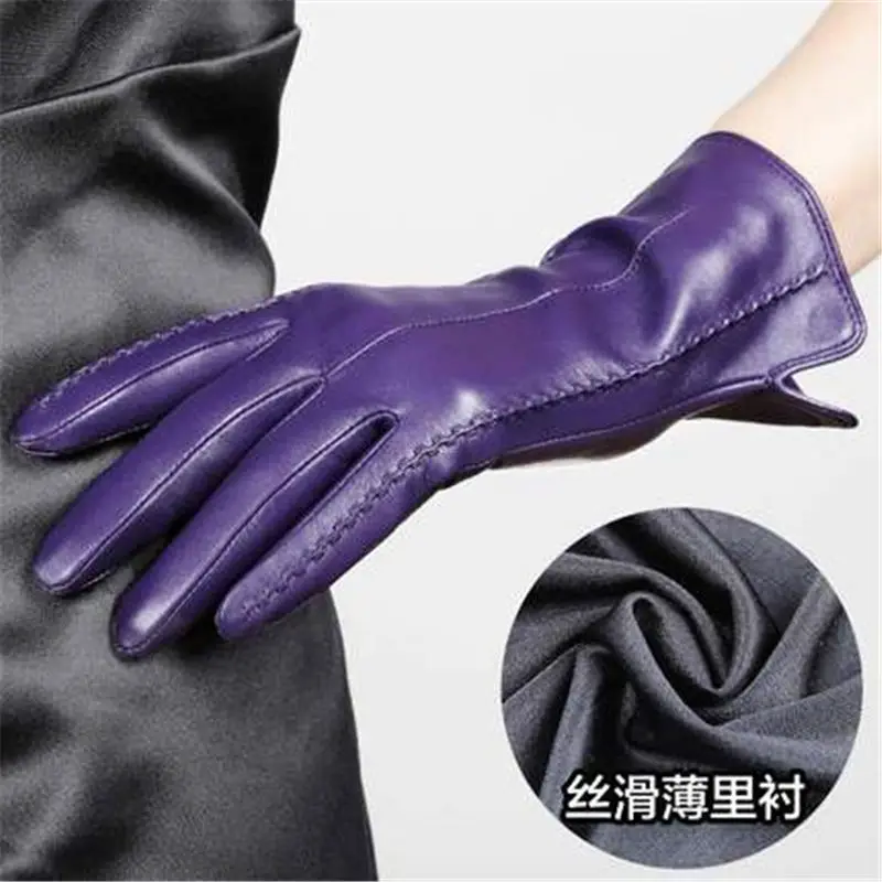 Light purple Высококачественные элегантные женские перчатки из натуральной кожи с тонкой шелковой подкладкой, перчатки для вождения из козьей кожи, популярные трендовые женские перчатки L085NN - Цвет: Light purple