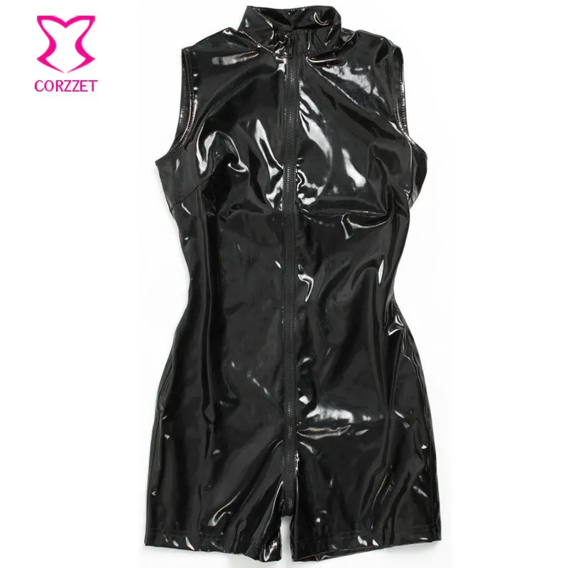 Эротический черный спандексный костюм для женщин женский комбинезон с молнией