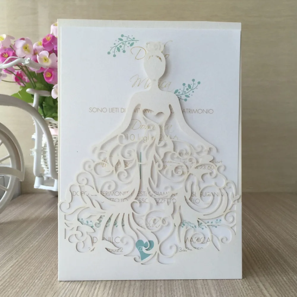 

30pcs/lot free shipping laser cut dress girl design wedding invitation cards party decoration paper craft birthday party cards