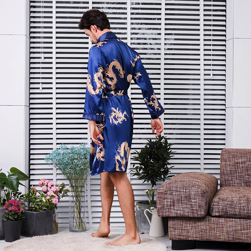 Two-piece Suit Male Silk Dressing Gown  Extra large Robe With Dragons Mens Satin Bathrobe Silk Kimono Men 21039