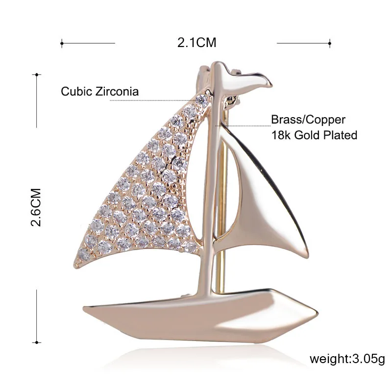 Модная брошка для девочек циркониевая форма парусника серебристого цвета