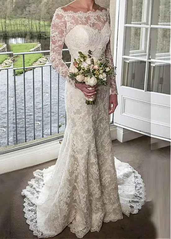 

Charm Lace Long Sleeves Scoop Court Train Boho Wedding Dress Gown Sofuge Vestido De Noiva Dubai Arabic Suknia Slubna