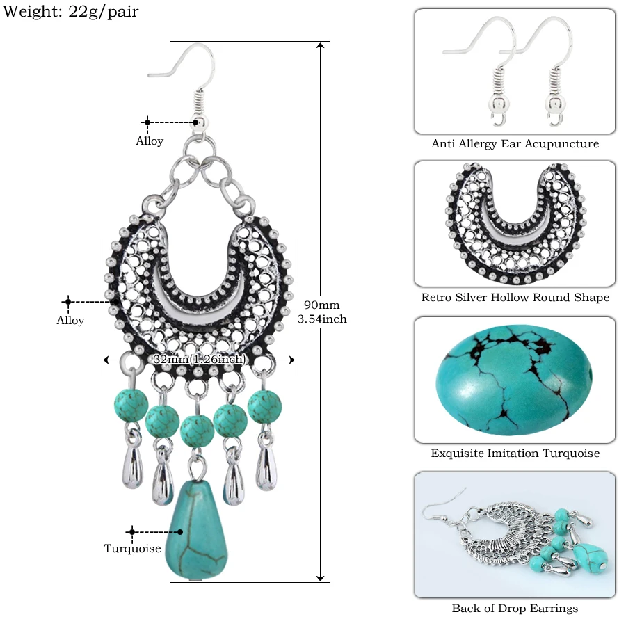 Женские длинные серьги-подвески Boho винтажные серьги с узором в виде полой Луны