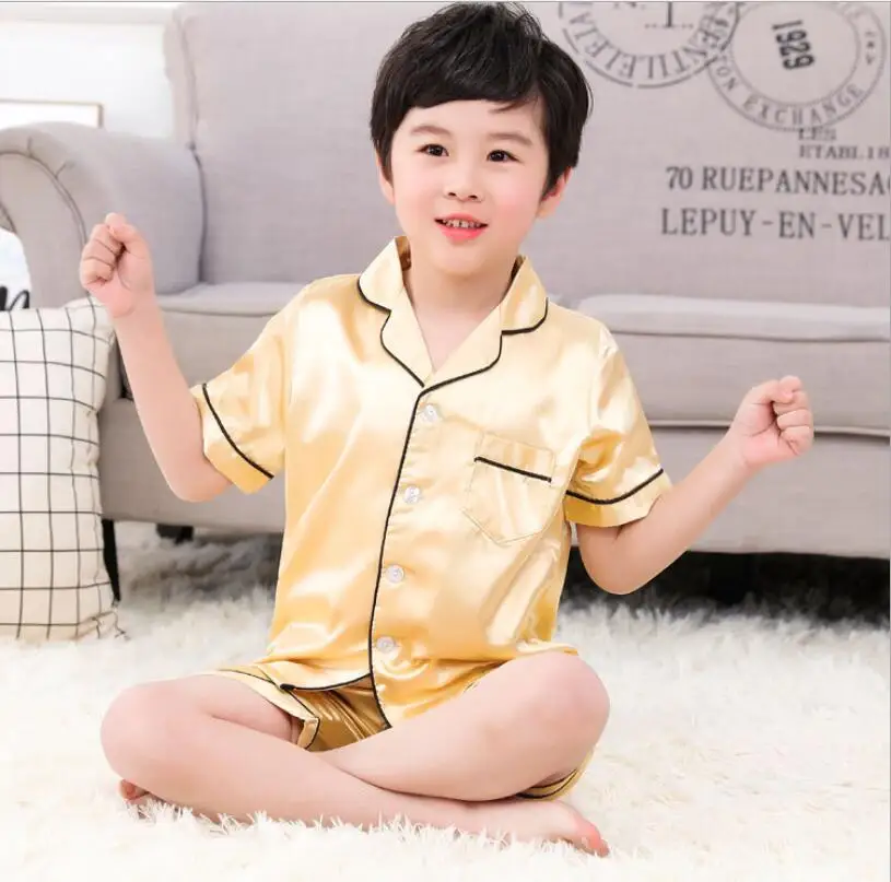 Gold short sleeve Пижамный комплект из шелковой ткани для мальчиков и девочек от 3 до 15 лет коллекция года, Весенняя Детская домашняя одежда ночное белье комплект одежды для девочек - Цвет: Gold short sleeve