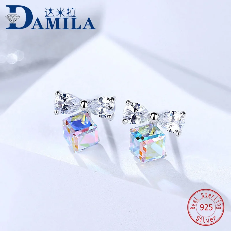 

Crystal square 925 sterling silver earings for women Silver S925 jewelry stud earrings cubic zirconia stone earing for female