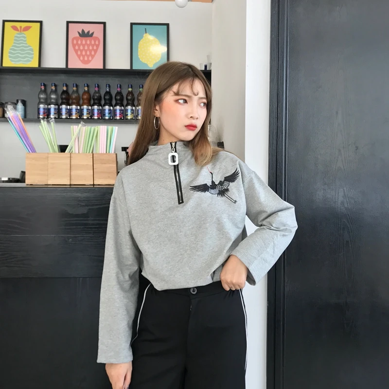 Новая Базовая рубашка Топ Весенняя Корейская Ulzzang Harajuku винтажная вышивка журавлей футболка с длинным рукавом женская футболка на молнии