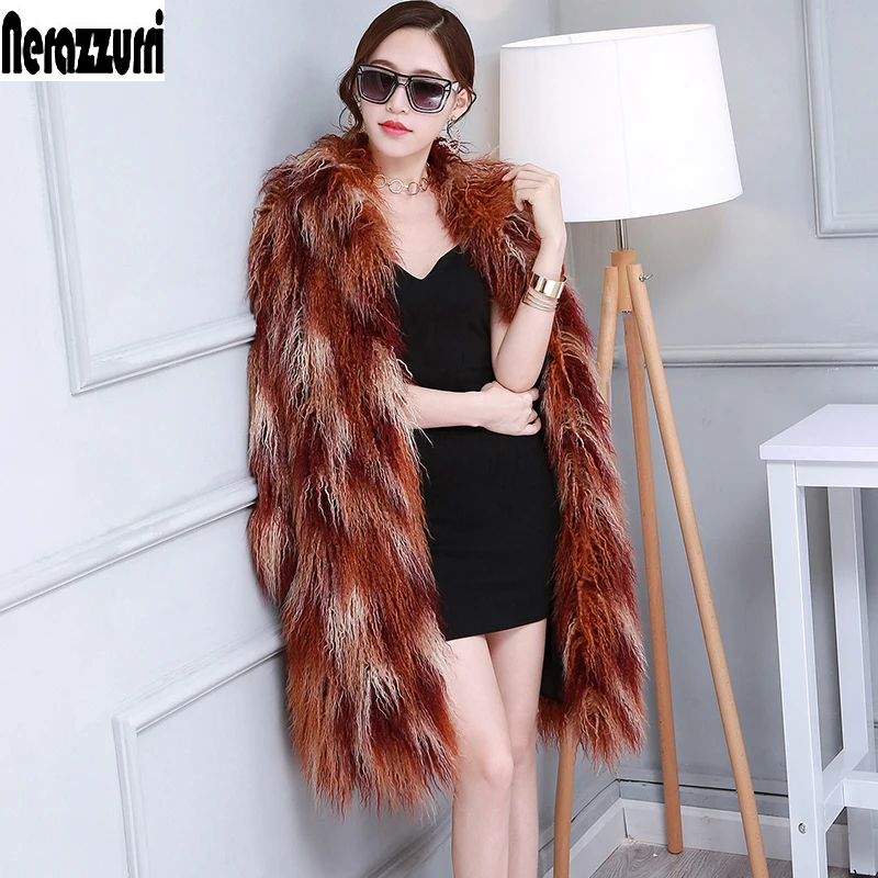 

Nerazzurri Winter Warm Furry Mongolian Sheep Fur Jacket Fluffy Colorful Shaggy Faux Fur Coat Women Hairy korean fashion 2021