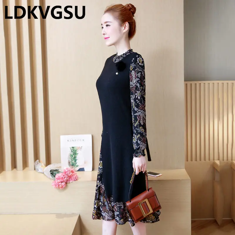 

2019 Autumn Winter New Knit Dress Print SpliceLoose Large Size Women Clothing Plus Velvet Thicken Fake Two Piece Dress Is1496