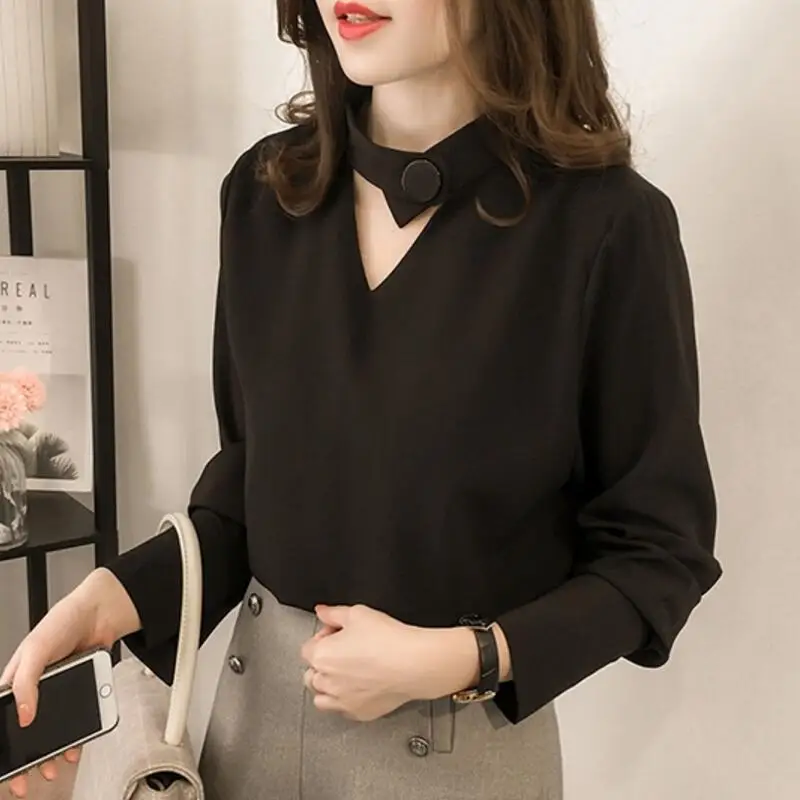 Осень новый темперамент Элегантные Модные полые висит шеи шифоновая рубашка