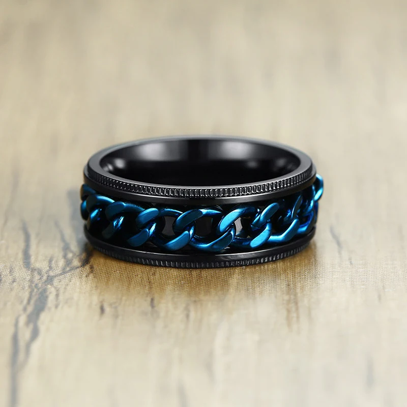 Men 8mm Width Black Ring Punk Stainless Steel Blue Rotable Chain Titanium Spinner Sport | Украшения и аксессуары