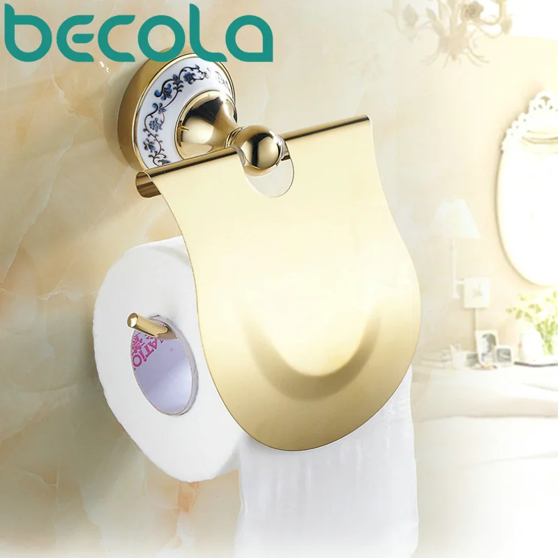 

BECOLA Бесплатная доставка Аксессуары для ванной комнаты синий и белый фарфоровый позолоченный латунный держатель туалетной бумаги