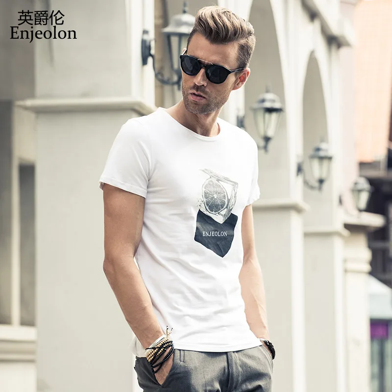 Мужская футболка Enjeolon летняя хлопковая белая с коротким рукавом и принтом в виде