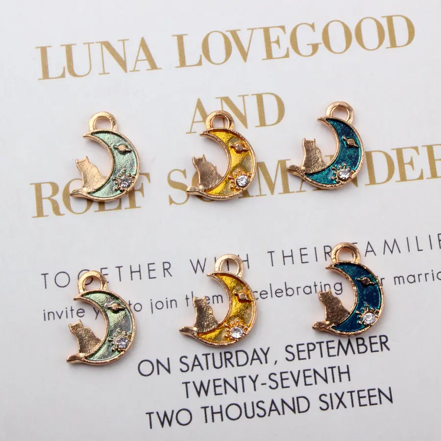 

50pcs 13*16mm Gold Tone Alloy Oil drop Cat on the moon Charm Enamel Pendant For Earring Jewelry DIY Handmade Jewelry Making