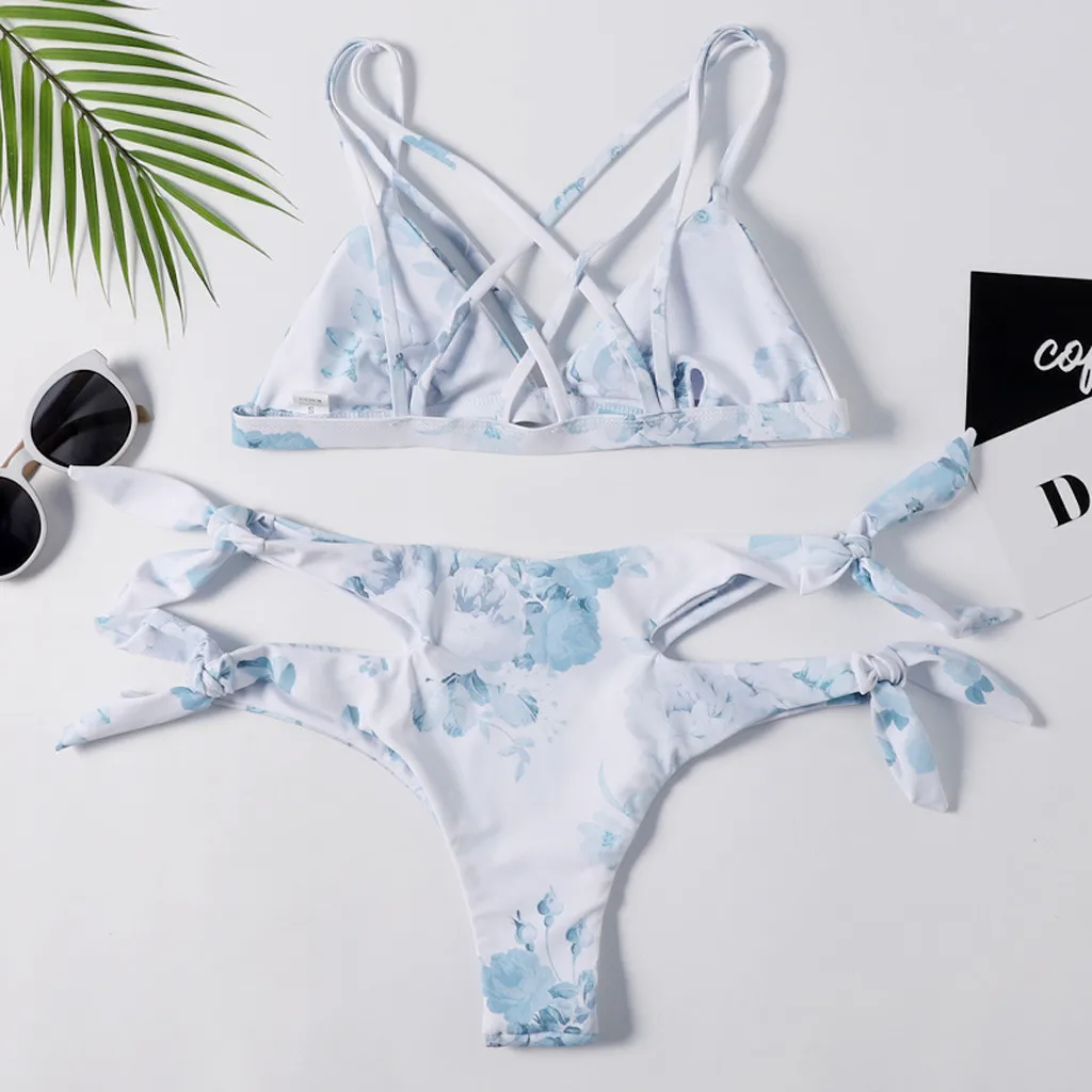 Сексуальное бикини с цветочным принтом двойной бандаж 2019 бюстгальтер вкладышами