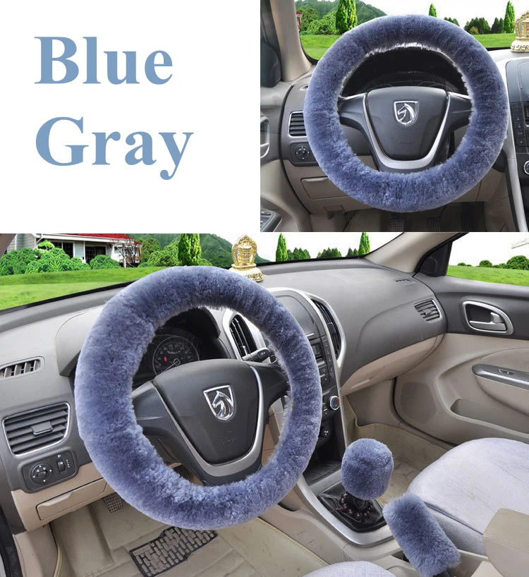 Blue Gray Универсальные Короткие Плюшевые покрывала для рулевого колеса автомобиля, зимний комплект из искусственного меха для ручного тормоза и шестеренки, аксессуары для салона автомобиля - Название цвета: Blue Gray