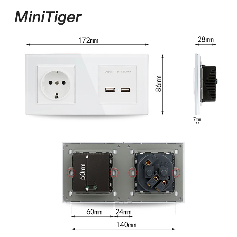 Настенная розетка из хрустального стекла Minitiger 2 клавиши заземленная 16 А