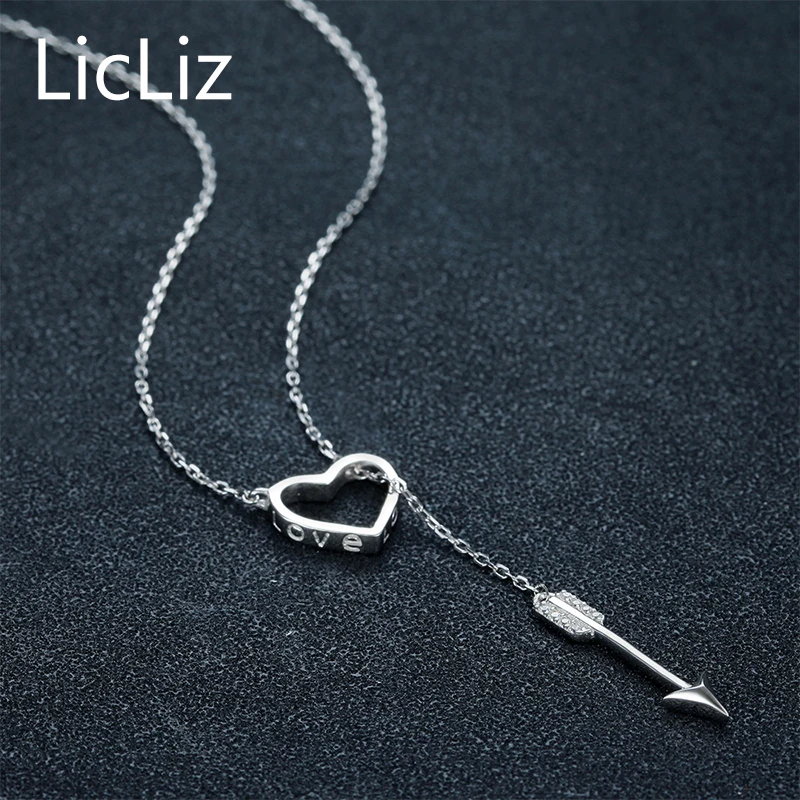 LicLiz Heart Real Pure 925 Sterling Silver Chain Woman Pendant Necklace Femme Arrow Hollow Angel Personalized CLN0234 | Украшения и
