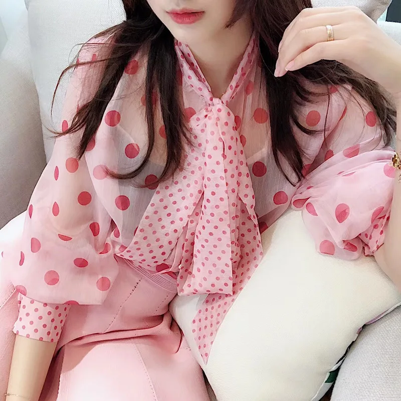 2020 длинные Фонари платье в горошек с принтом длинным рукавом розовый шифон