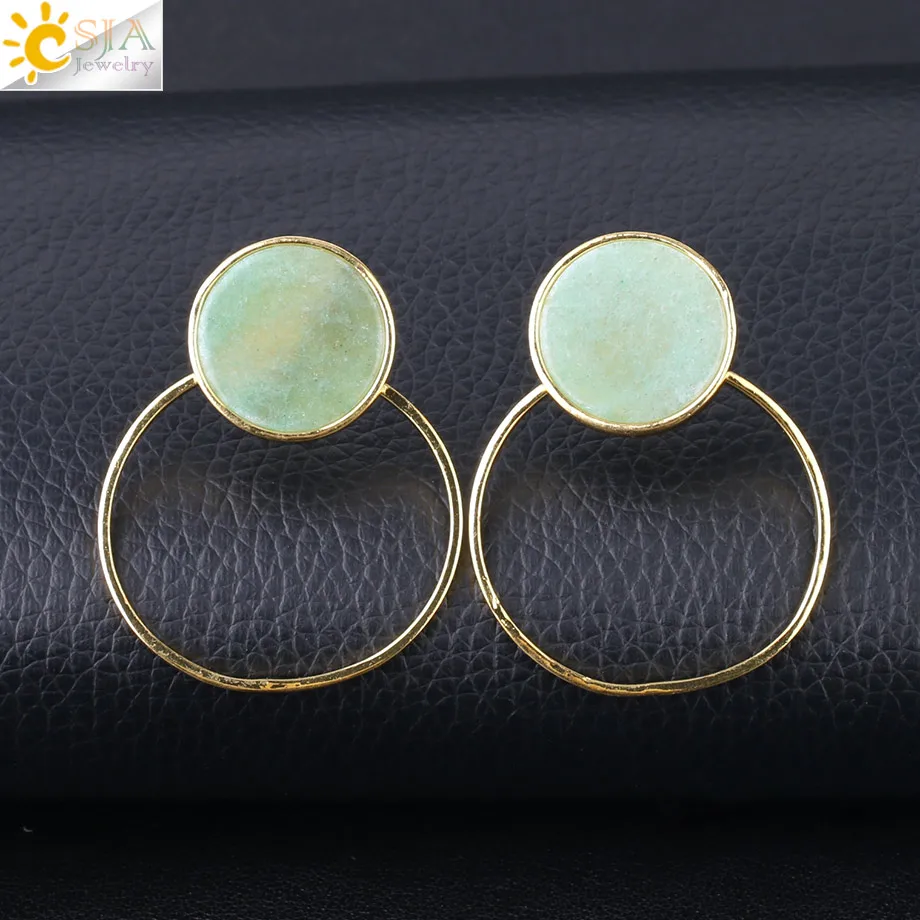 Green Aventurine Csja новые серьги-гвоздики для женщин натуральный камень лабрадорит лазурит пирсинг серьги Винтаж Круг Bijoux Brinco S228 - Окраска металла: Green Aventurine