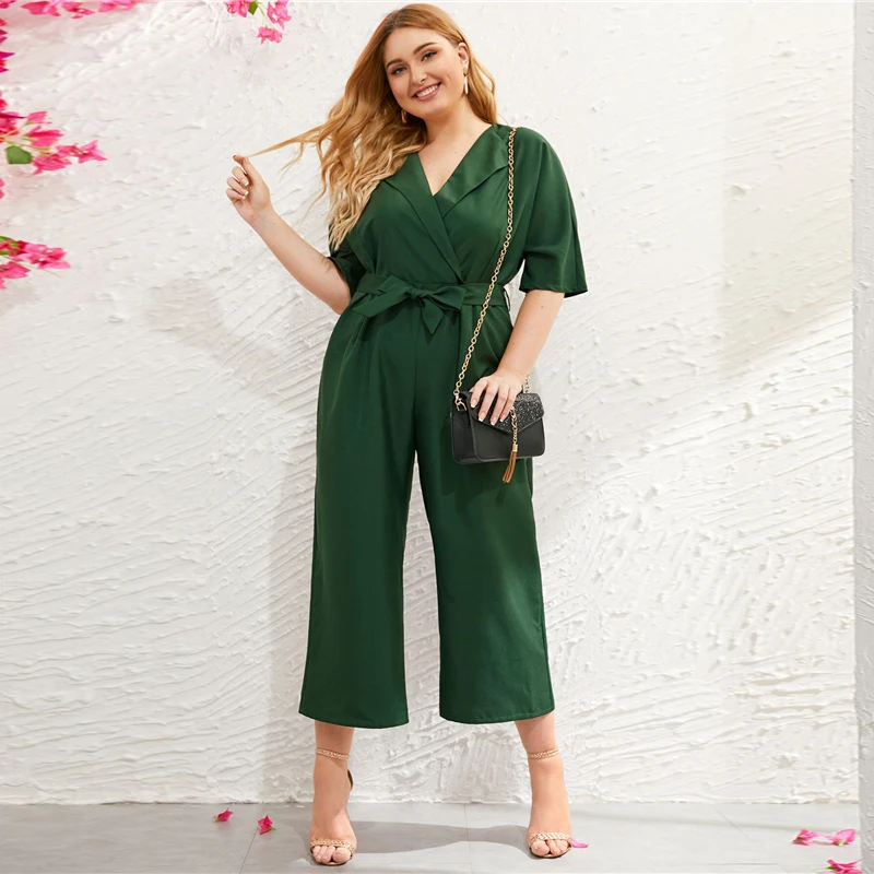 Sheinside Plus Size Green V Neck Wide Leg Jumpsuit Women Summer Zip Back Jumpsuits Office Ladies Solid Half Sleeve Jumpsuit