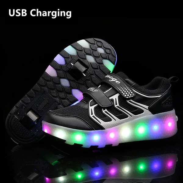 T3 Black Eur28-43 кроссовки с двумя колесами и зарядкой от usb, светящийся светодиодный светильник, обувь для роликовых коньков, обувь для мальчиков и девочек - Цвет: T3 Black