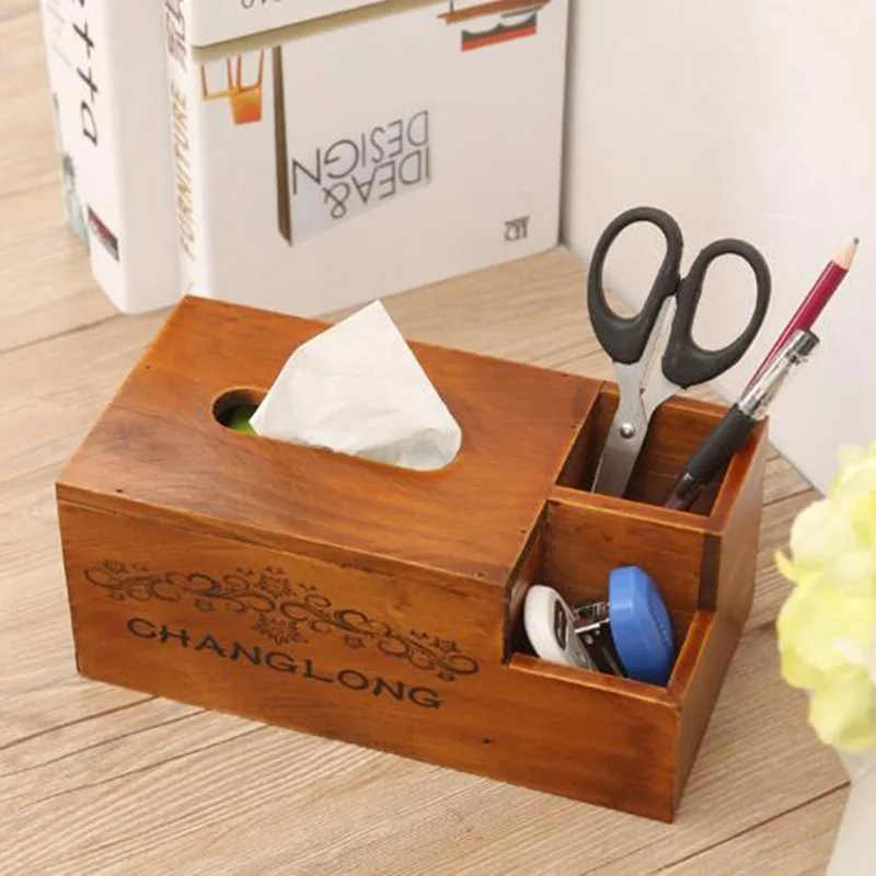 

Retro Solid Wood Multifunctional Tablecloth Paper Receiving Box Desktop Remote Control Receiving Box for Home Living Room